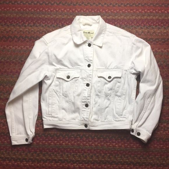 WHITE DENIM EDDIE BAUER CATALOGUE BUTTON UP JEAN JACKET - Picture 1 of 5